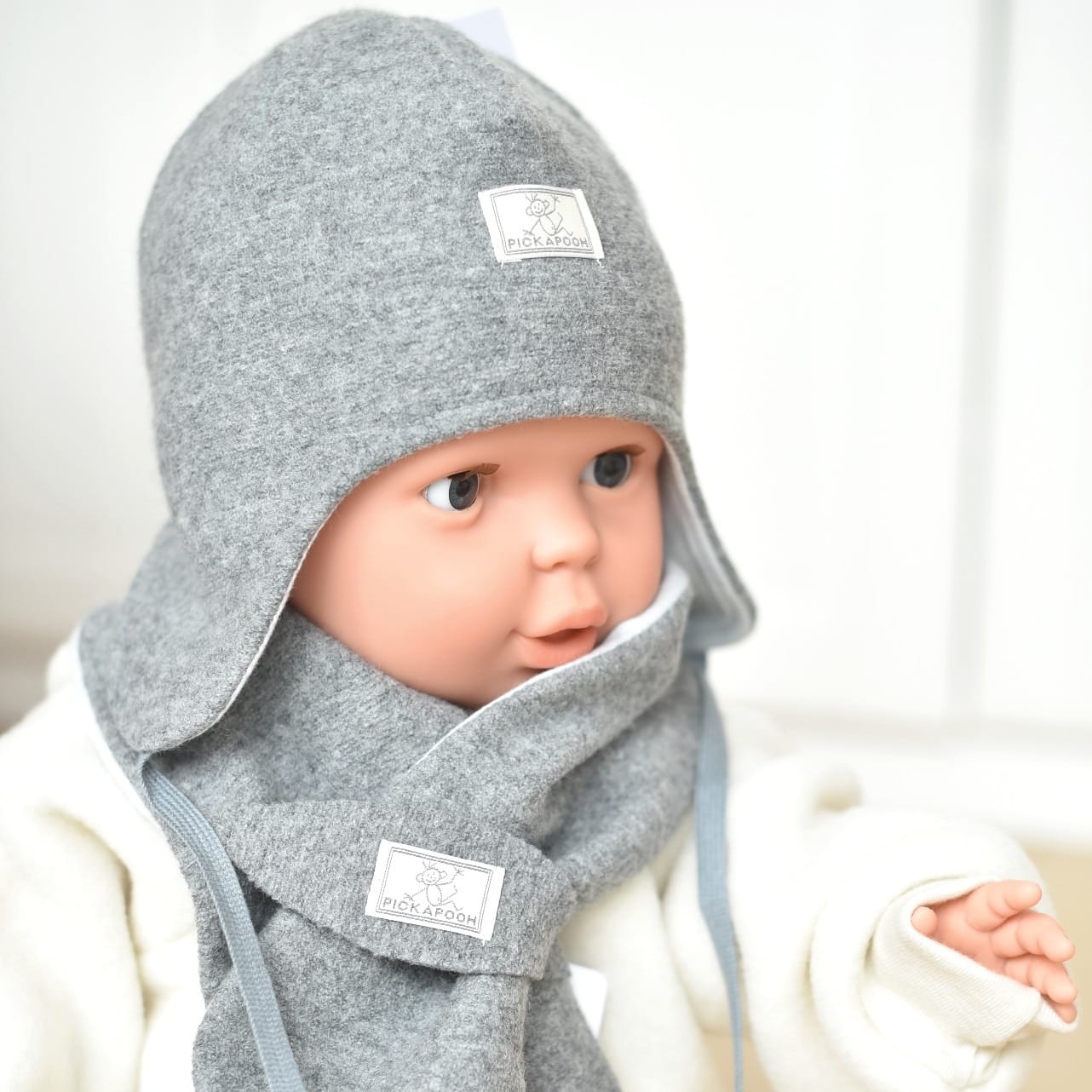 Bonnet bébé enfant en laine bouillie gris Pickapooh