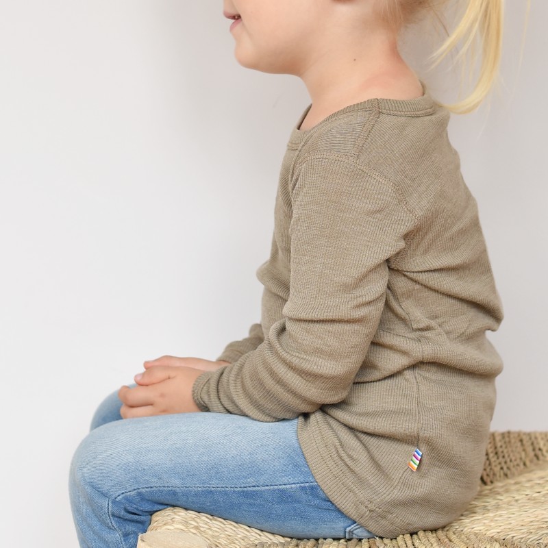 T-shirt manches longues bébé et enfant en laine mérinos taupe Joha