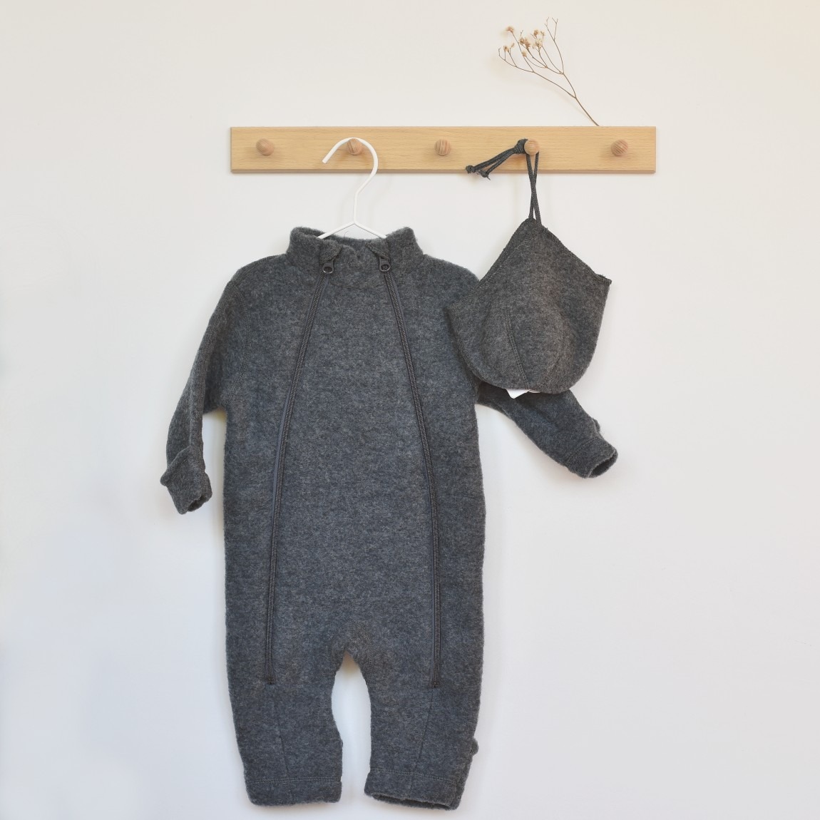 Ensemble combi-pilote + bonnet en laine mérinos - gris<br/> <FONT face="Tunga" size=4>Joha</font>